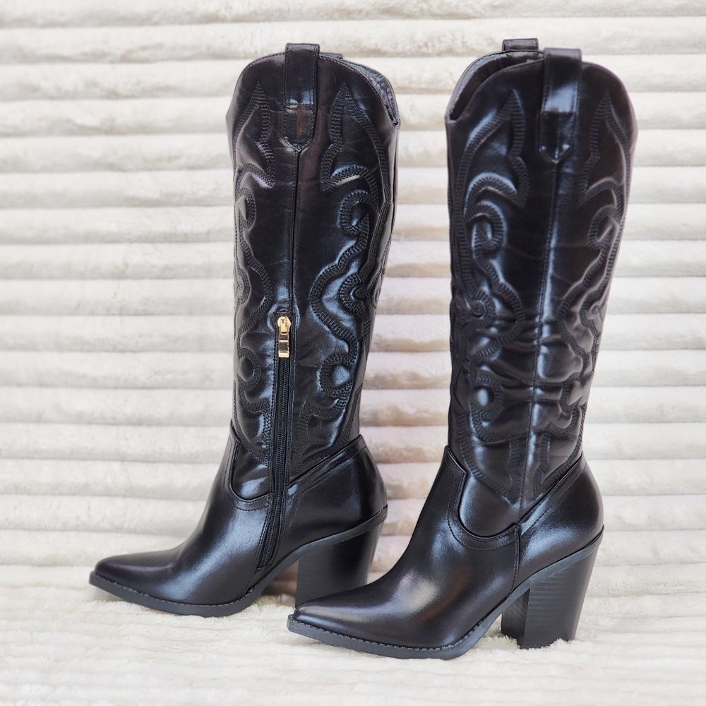 Classic Black Western Heeled Boots with Side Zip